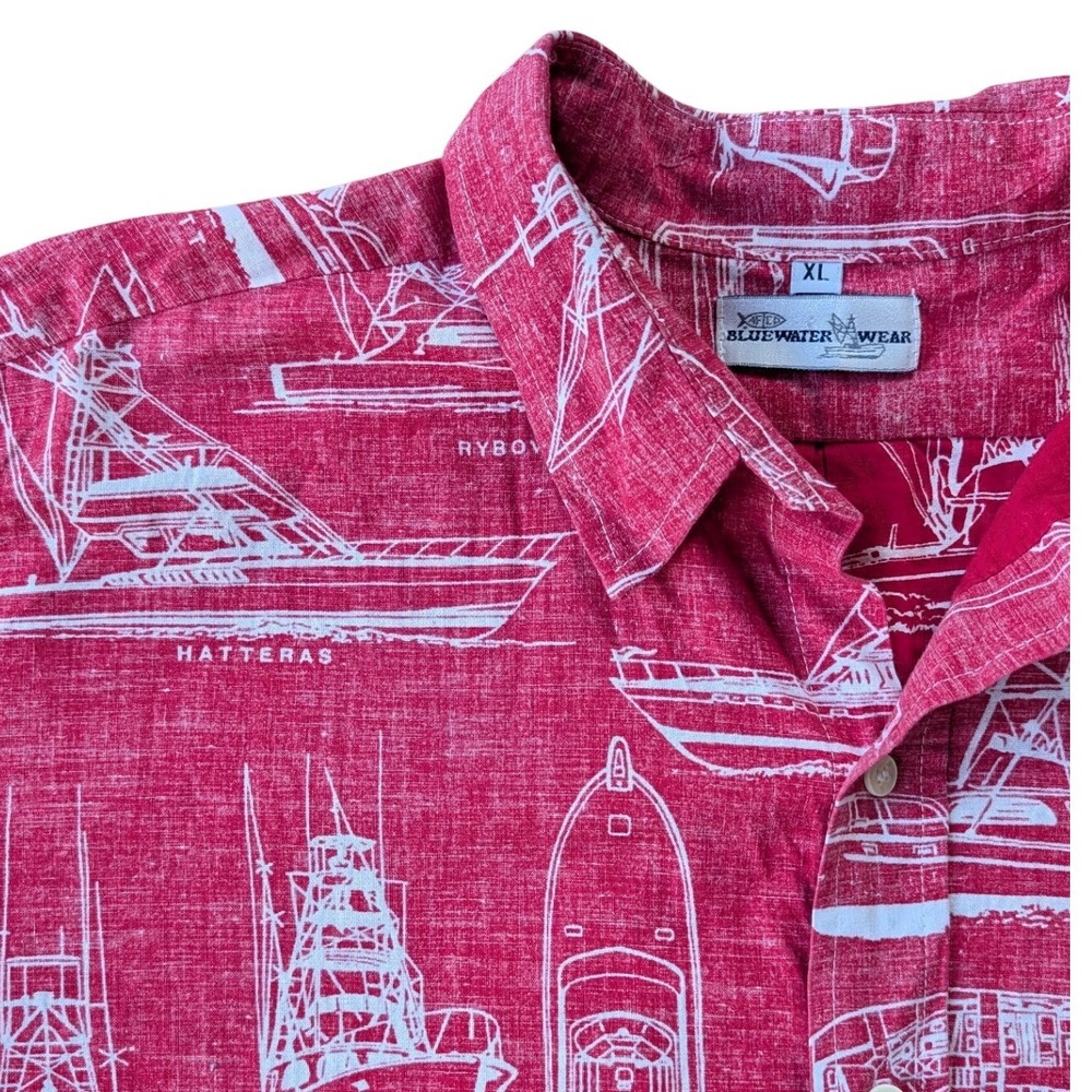 Vtg Bluewater‎ Wear Mens XL Red Boat Nautical Print Short Sleeve Button Up Shirt